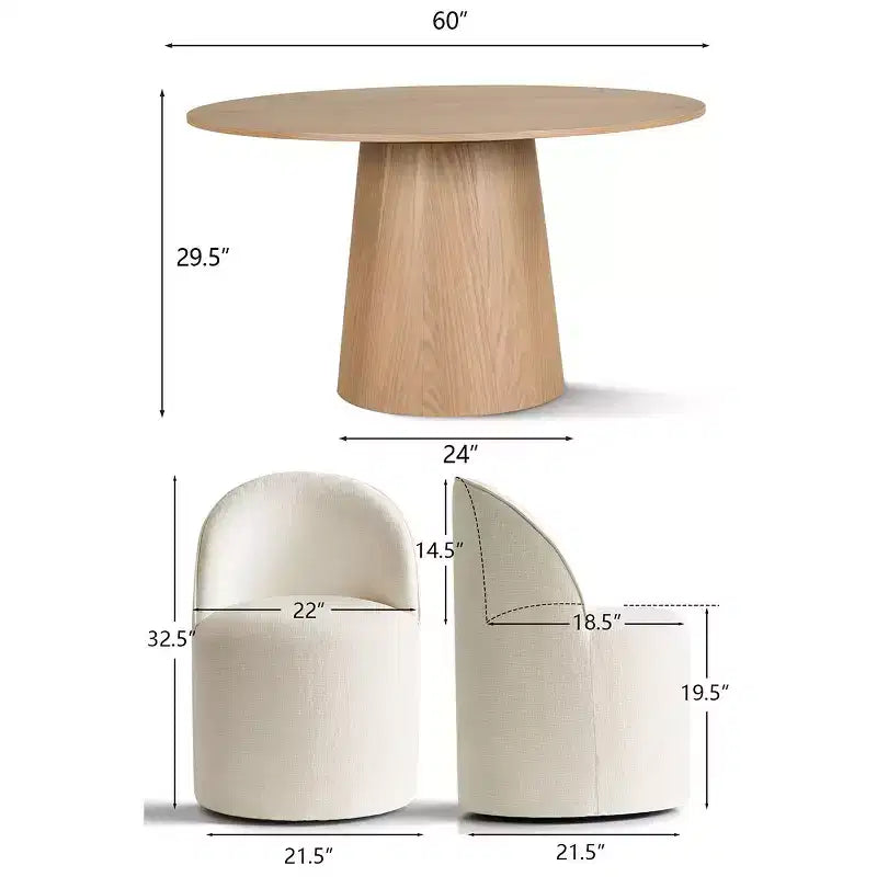 Modernes Esszimmer-Set für 6 Personen, runder Esstisch mit Säulenfuß, drehbare Fassstühle mit Rollen, Chenille-Strukturstoff – Panipeachy