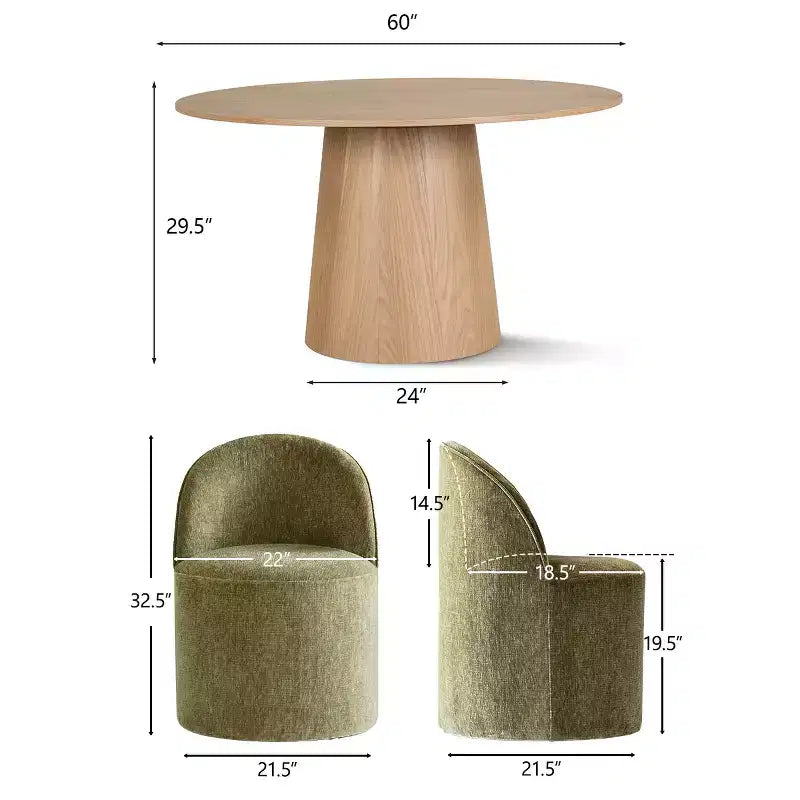 Modernes Esszimmer-Set für 6 Personen, runder Esstisch mit Säulenfuß, drehbare Fassstühle mit Rollen, Chenille-Strukturstoff – Panipeachy