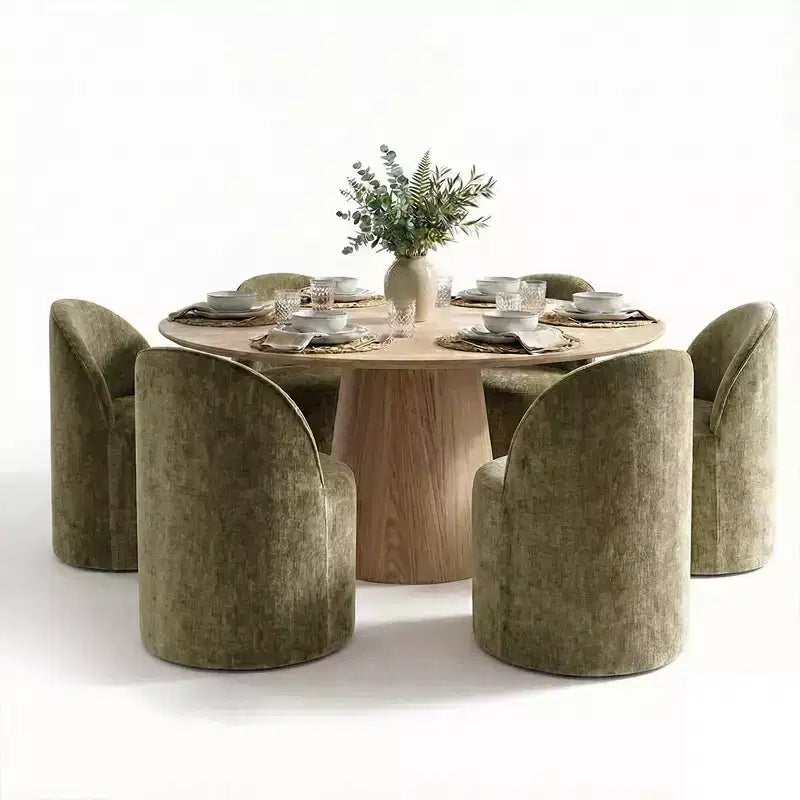 Modernes Esszimmer-Set für 6 Personen, runder Esstisch mit Säulenfuß, drehbare Fassstühle mit Rollen, Chenille-Strukturstoff – Panipeachy
