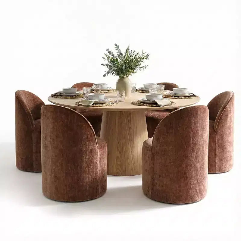 Modernes Esszimmer-Set für 6 Personen, runder Esstisch mit Säulenfuß, drehbare Fassstühle mit Rollen, Chenille-Strukturstoff – Panipeachy