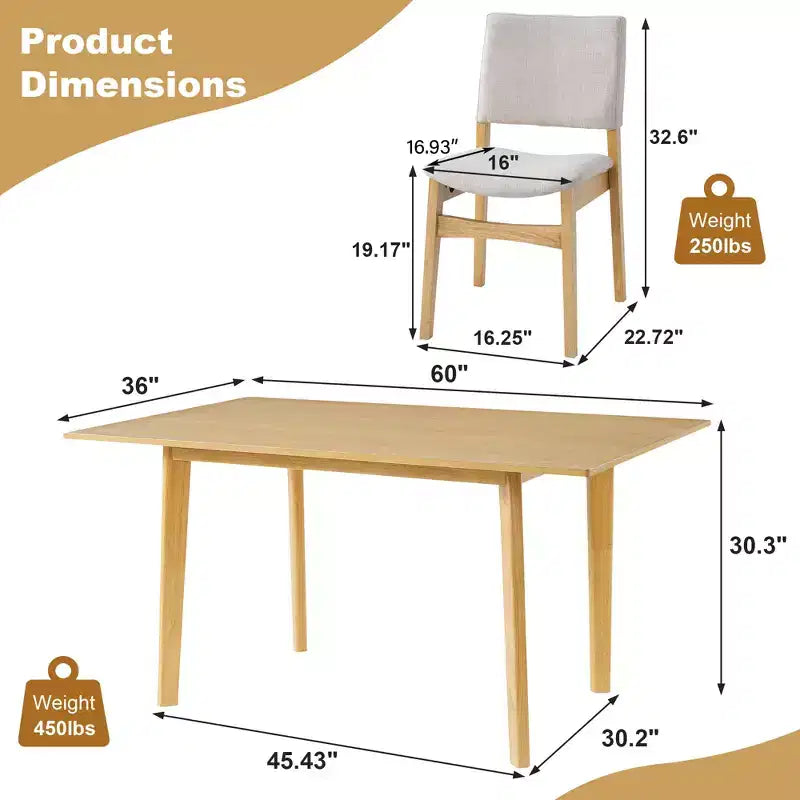 GDFStudio Crawford 5-teiliges modernes Essgruppen-Set - rechteckiger Tisch aus Massivholz und mit Leinen bezogene Stühle