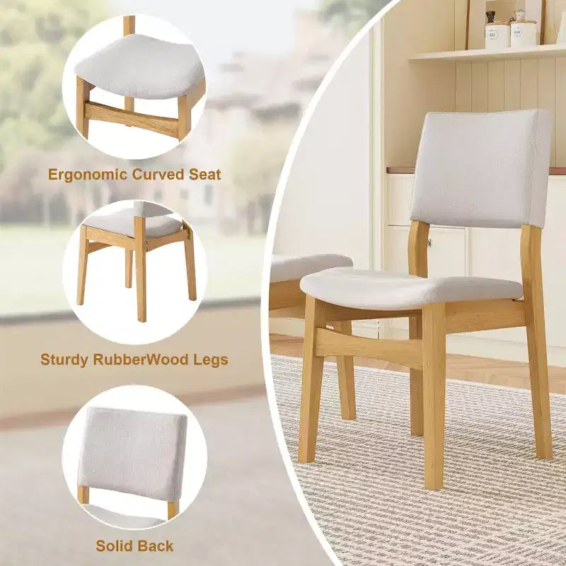 GDFStudio Crawford 5-teiliges modernes Essgruppen-Set - rechteckiger Tisch aus Massivholz und mit Leinen bezogene Stühle
