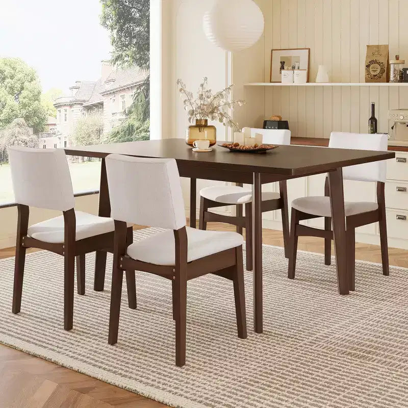 GDFStudio Crawford 5-teiliges modernes Essgruppen-Set - rechteckiger Tisch aus Massivholz und mit Leinen bezogene Stühle