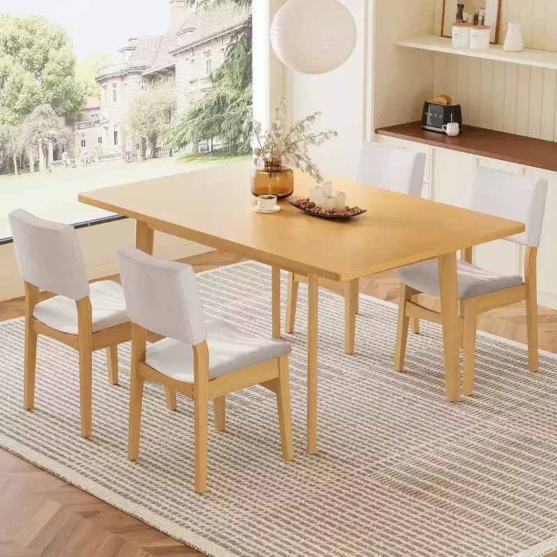 GDFStudio Crawford 5-teiliges modernes Essgruppen-Set - rechteckiger Tisch aus Massivholz und mit Leinen bezogene Stühle