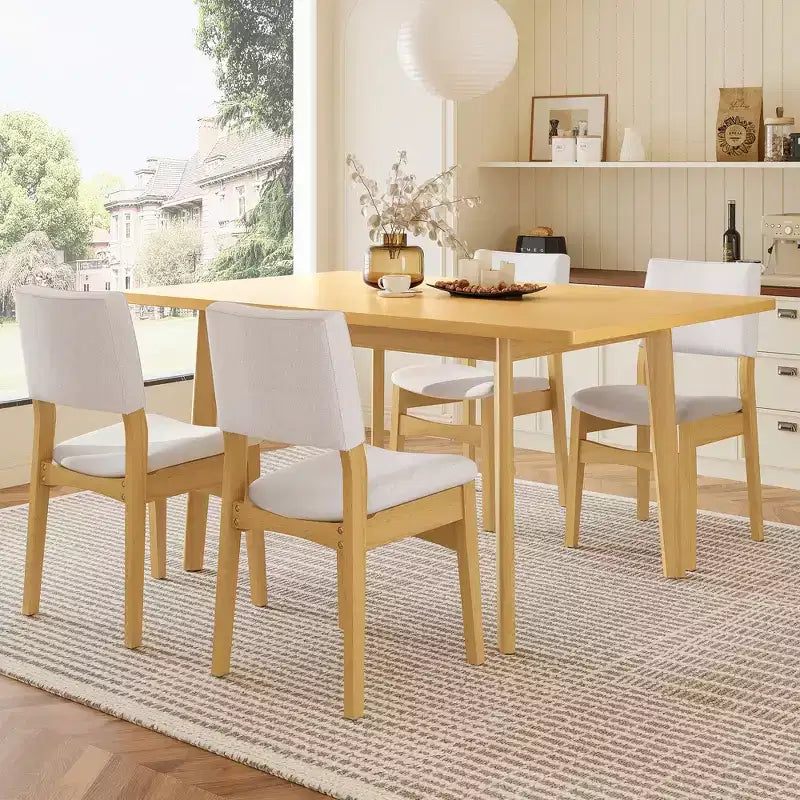 Sett tal-ikel modern GDFStudio Crawford b’5 biċċiet - mejda rettangolari tal-injam solidu u siġġijiet miksija bil-għażel