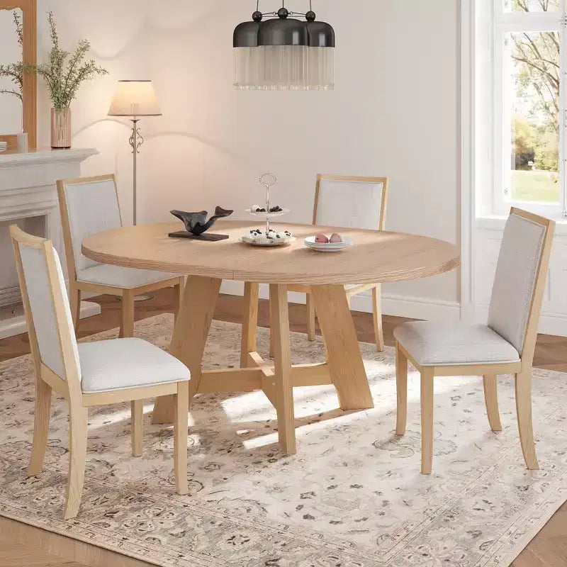 Verlängerbares rundes Esstisch-Set im Landhausstil für 4 Personen, Küchentisch-Set mit herausnehmbarer Einlegeplatte und 4 gepolsterten Esszimmerstühlen