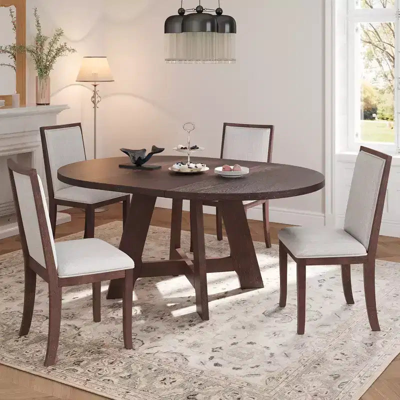 Verlängerbares rundes Esstisch-Set im Landhausstil für 4 Personen, Küchentisch-Set mit herausnehmbarer Einlegeplatte und 4 gepolsterten Esszimmerstühlen