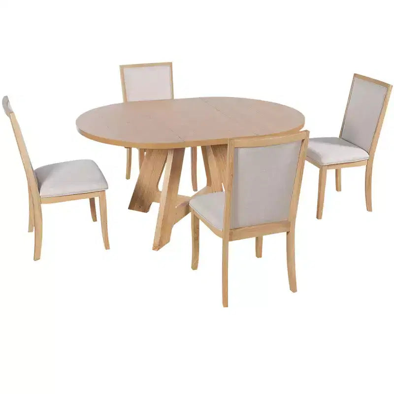 Verlängerbares rundes Esstisch-Set im Landhausstil für 4 Personen, Küchentisch-Set mit herausnehmbarer Einlegeplatte und 4 gepolsterten Esszimmerstühlen