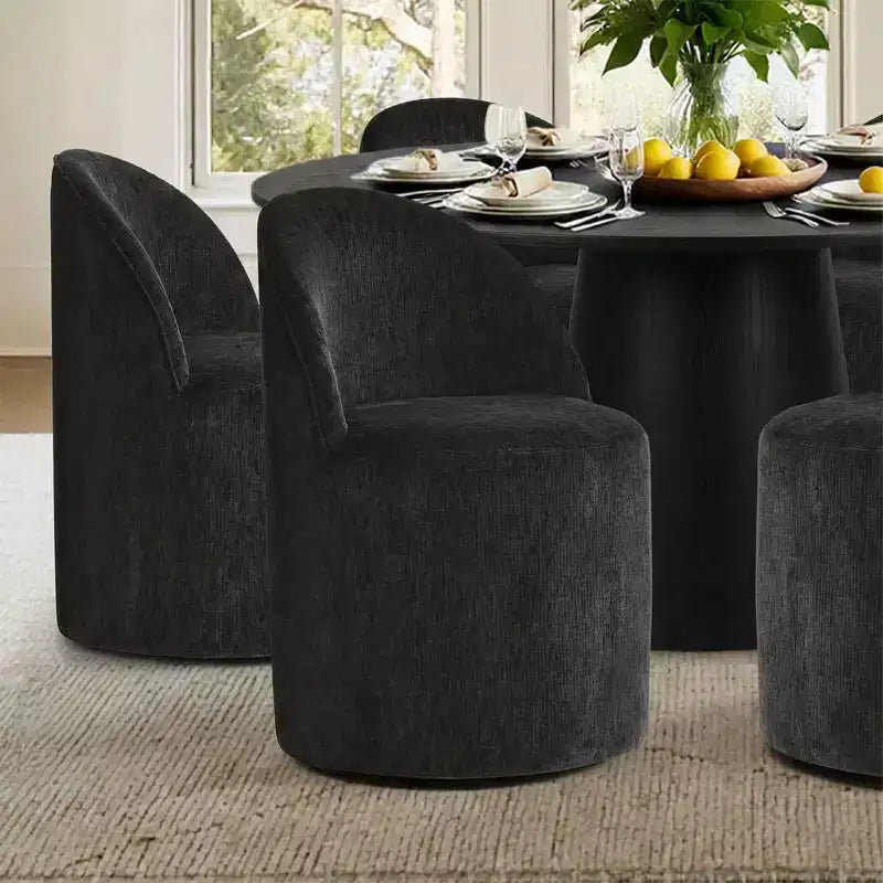 Modernes rundes Esszimmer-Set für 6 Personen, schwarzer Säulentisch, drehbare Chenille-Barrel-Stühle mit Rollen - Panipeachy