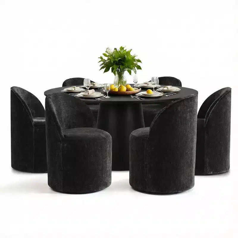 Modernes rundes Esszimmer-Set für 6 Personen, schwarzer Säulentisch, drehbare Chenille-Barrel-Stühle mit Rollen - Panipeachy