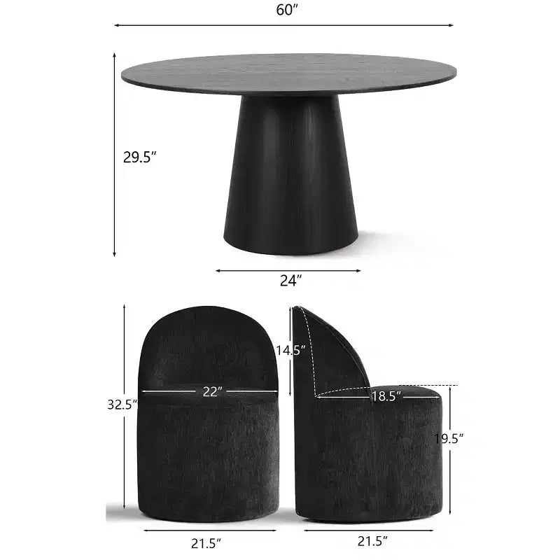 Modernes rundes Esszimmer-Set für 6 Personen, schwarzer Säulentisch, drehbare Chenille-Barrel-Stühle mit Rollen - Panipeachy