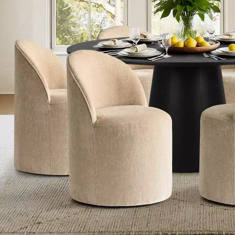 Modernes rundes Esszimmer-Set für 6 Personen, schwarzer Säulentisch, drehbare Chenille-Barrel-Stühle mit Rollen - Panipeachy
