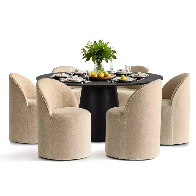 Modernes rundes Esszimmer-Set für 6 Personen, schwarzer Säulentisch, drehbare Chenille-Barrel-Stühle mit Rollen - Panipeachy