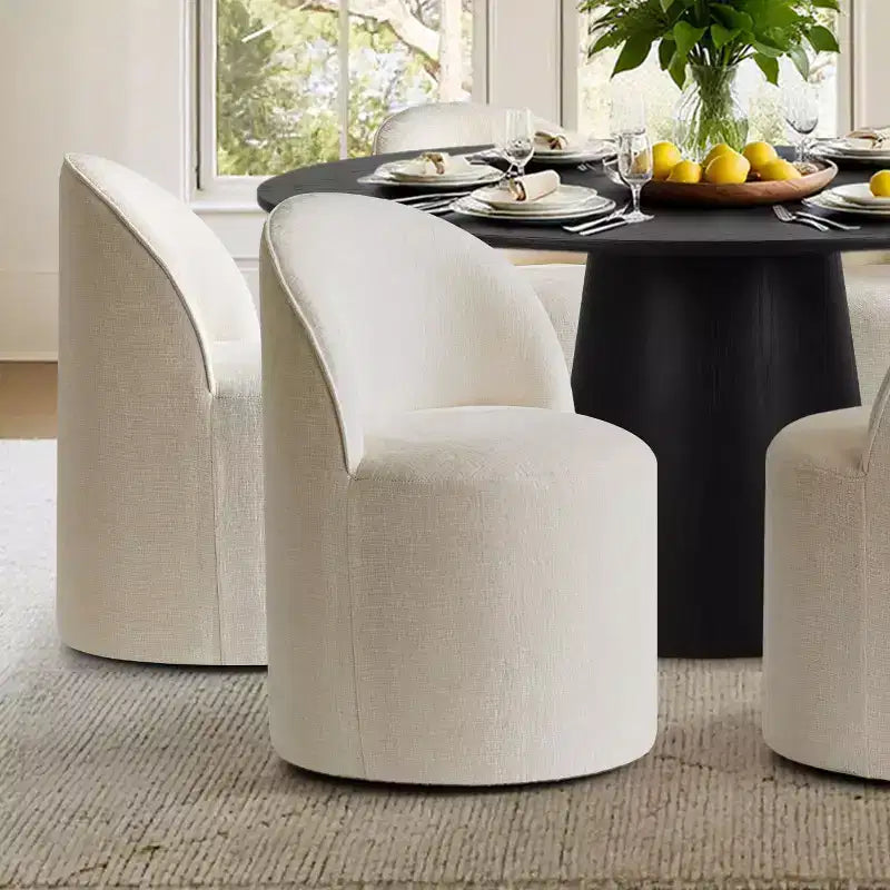 Modernes rundes Esszimmer-Set für 6 Personen, schwarzer Säulentisch, drehbare Chenille-Barrel-Stühle mit Rollen - Panipeachy