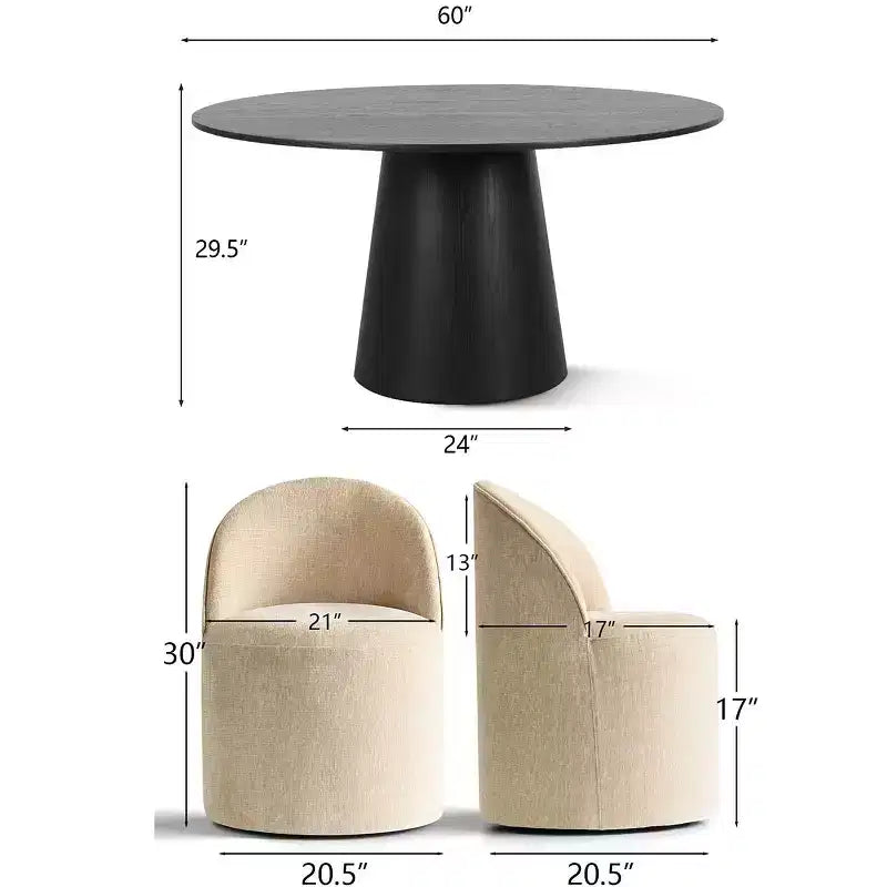 Modernes rundes Esszimmer-Set für 6 Personen, schwarzer Säulentisch, drehbare Chenille-Barrel-Stühle mit Rollen - Panipeachy