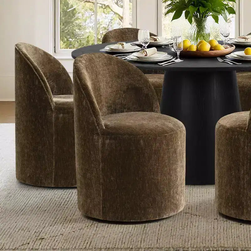 Modernes rundes Esszimmer-Set für 6 Personen, schwarzer Säulentisch, drehbare Chenille-Barrel-Stühle mit Rollen - Panipeachy