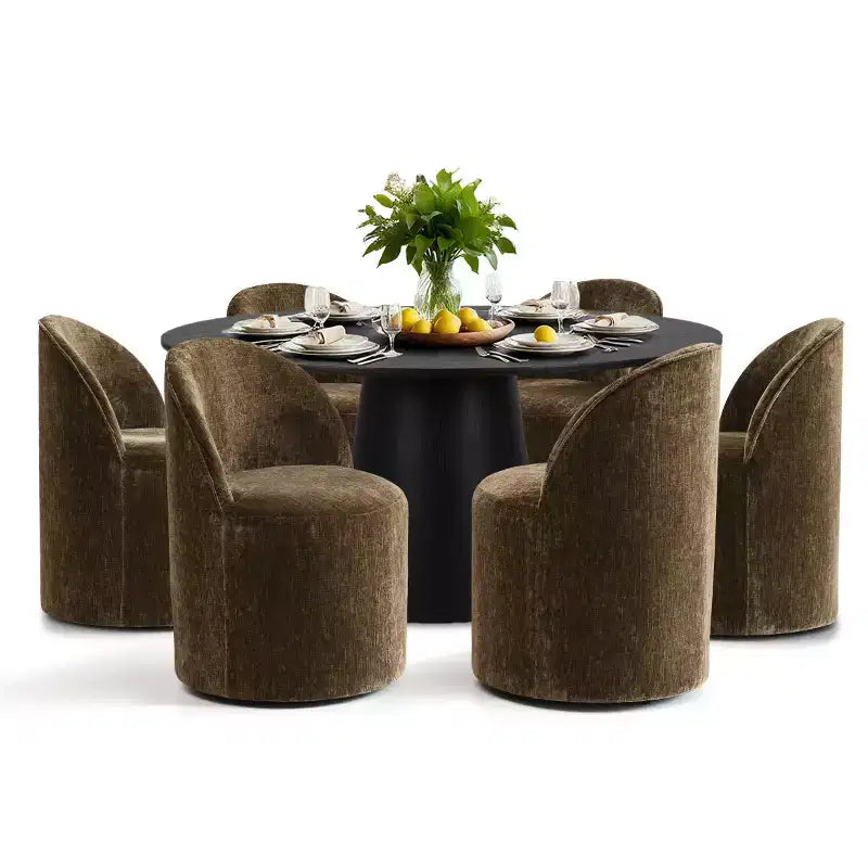 Modernes rundes Esszimmer-Set für 6 Personen, schwarzer Säulentisch, drehbare Chenille-Barrel-Stühle mit Rollen - Panipeachy