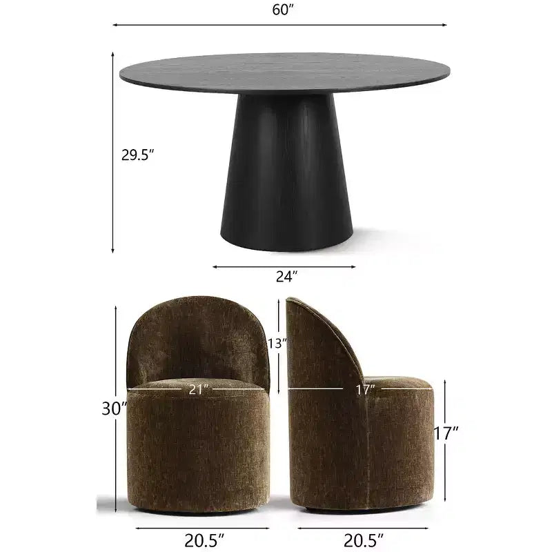 Modernes rundes Esszimmer-Set für 6 Personen, schwarzer Säulentisch, drehbare Chenille-Barrel-Stühle mit Rollen - Panipeachy