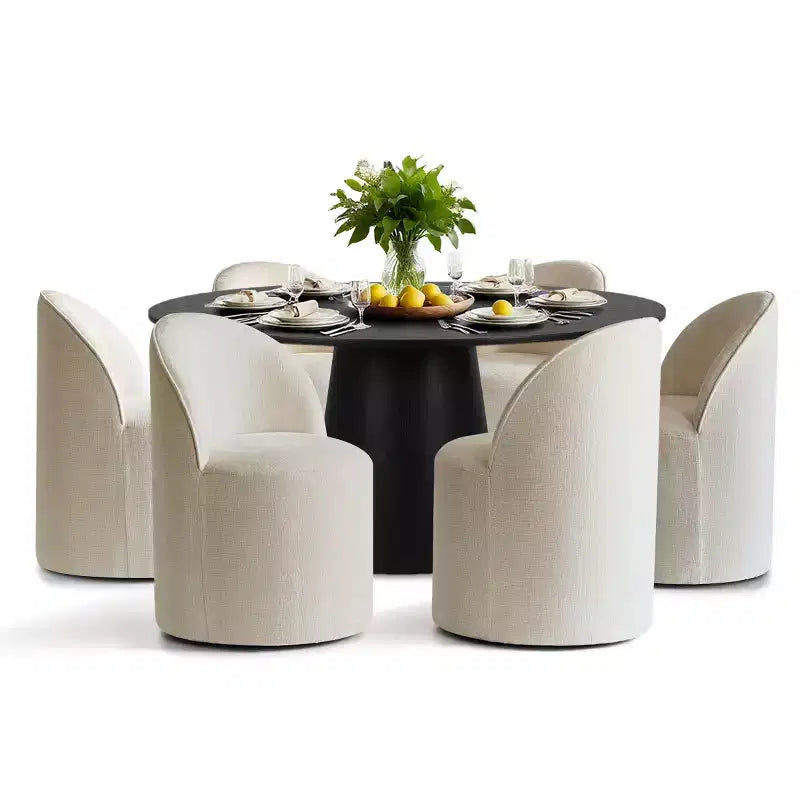 Modernes rundes Esszimmer-Set für 6 Personen, schwarzer Säulentisch, drehbare Chenille-Barrel-Stühle mit Rollen - Panipeachy