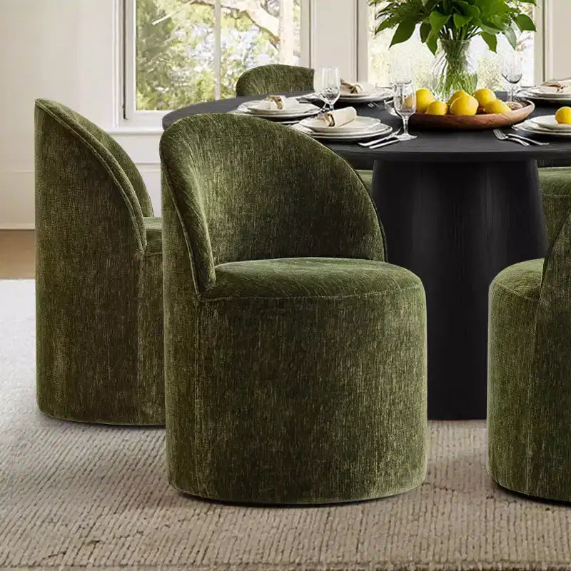 Modernes rundes Esszimmer-Set für 6 Personen, schwarzer Säulentisch, drehbare Chenille-Barrel-Stühle mit Rollen - Panipeachy