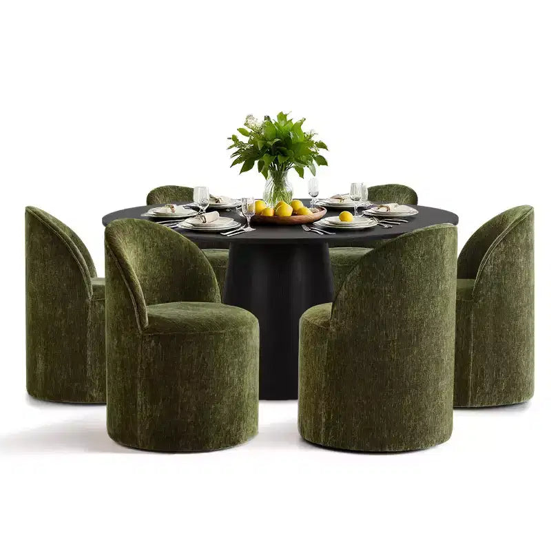 Modernes rundes Esszimmer-Set für 6 Personen, schwarzer Säulentisch, drehbare Chenille-Barrel-Stühle mit Rollen - Panipeachy