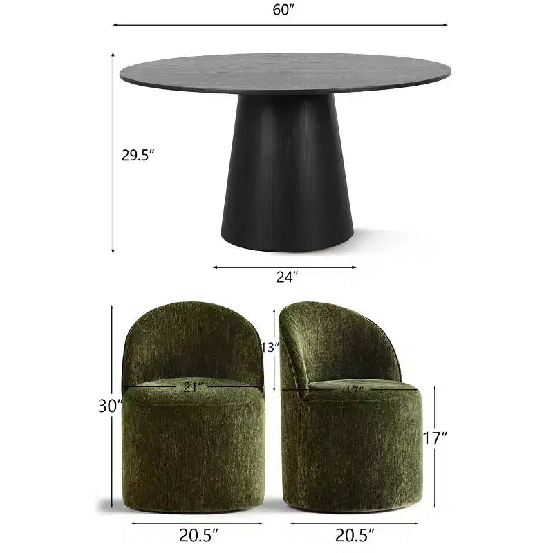 Modernes rundes Esszimmer-Set für 6 Personen, schwarzer Säulentisch, drehbare Chenille-Barrel-Stühle mit Rollen - Panipeachy