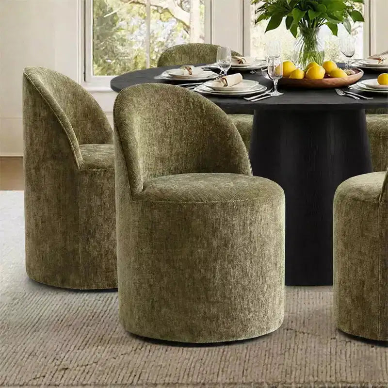 Modernes rundes Esszimmer-Set für 6 Personen, schwarzer Säulentisch, drehbare Chenille-Barrel-Stühle mit Rollen - Panipeachy