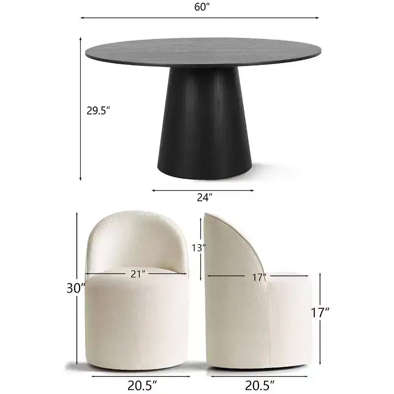 Modernes rundes Esszimmer-Set für 6 Personen, schwarzer Säulentisch, drehbare Chenille-Barrel-Stühle mit Rollen - Panipeachy
