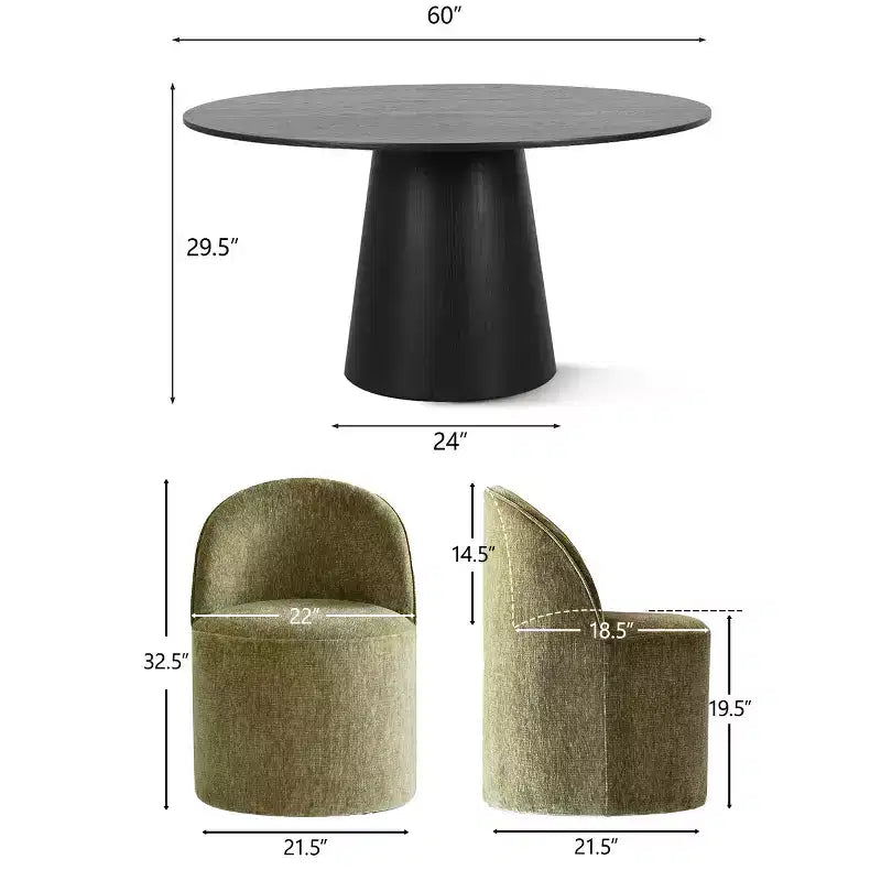 Modernes rundes Esszimmer-Set für 6 Personen, schwarzer Säulentisch, drehbare Chenille-Barrel-Stühle mit Rollen - Panipeachy