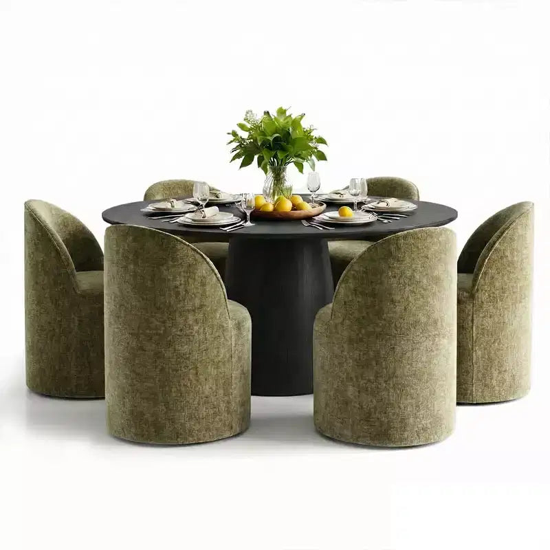 Modernes rundes Esszimmer-Set für 6 Personen, schwarzer Säulentisch, drehbare Chenille-Barrel-Stühle mit Rollen - Panipeachy