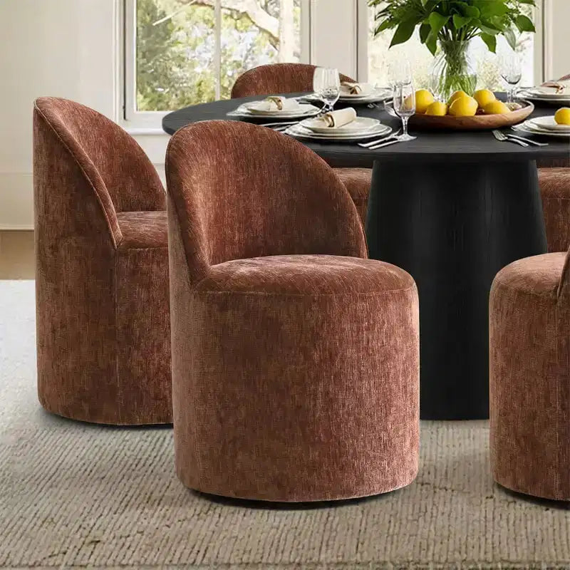 Modernes rundes Esszimmer-Set für 6 Personen, schwarzer Säulentisch, drehbare Chenille-Barrel-Stühle mit Rollen - Panipeachy