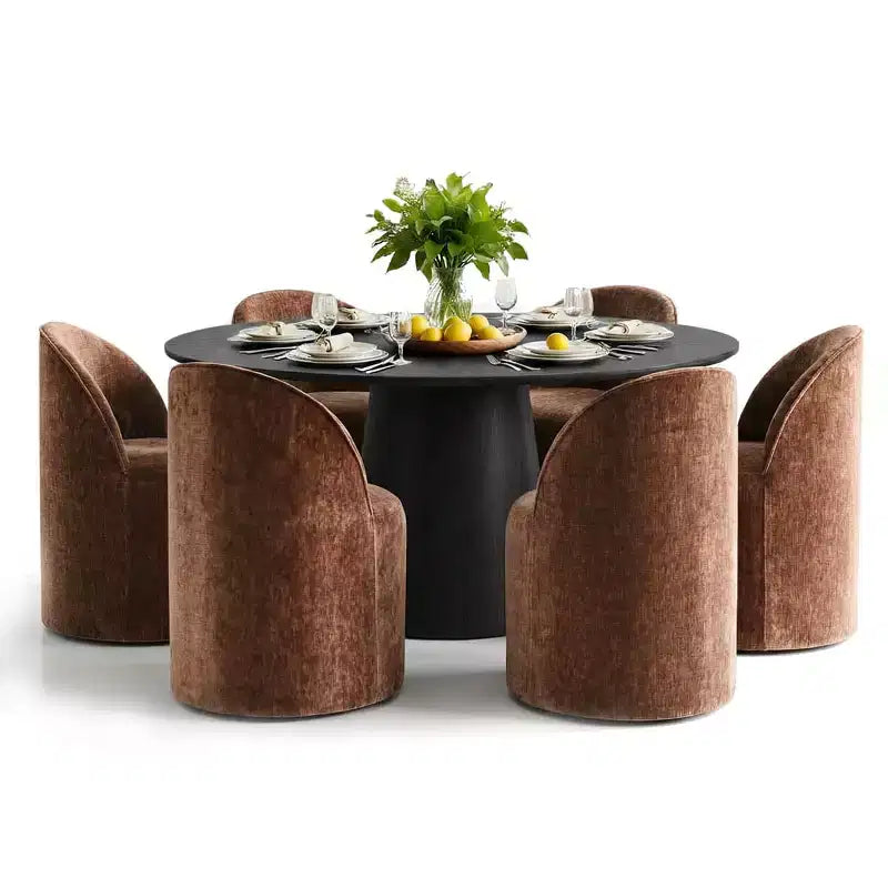 Modernes rundes Esszimmer-Set für 6 Personen, schwarzer Säulentisch, drehbare Chenille-Barrel-Stühle mit Rollen - Panipeachy