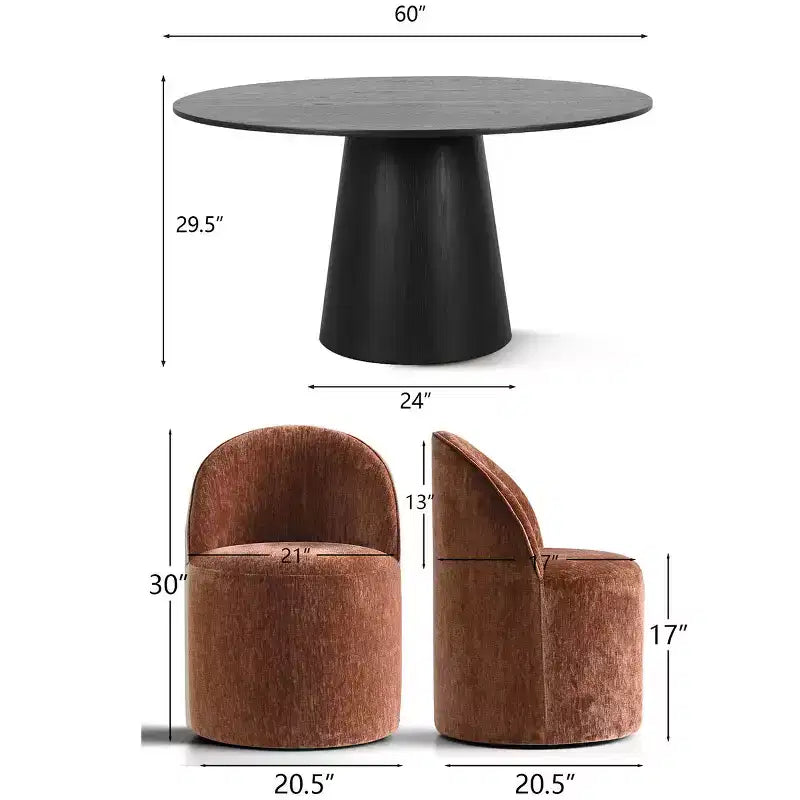 Modernes rundes Esszimmer-Set für 6 Personen, schwarzer Säulentisch, drehbare Chenille-Barrel-Stühle mit Rollen - Panipeachy