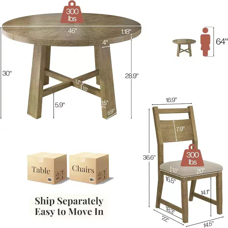 AMERLIFE Rundes Esstisch-Set aus Massivholz für 4 Personen, 5-teiliges Esszimmer-Set im Mid-Century-Stil mit gepolsterten Stühlen, platzsparendes Design, einfache Montage