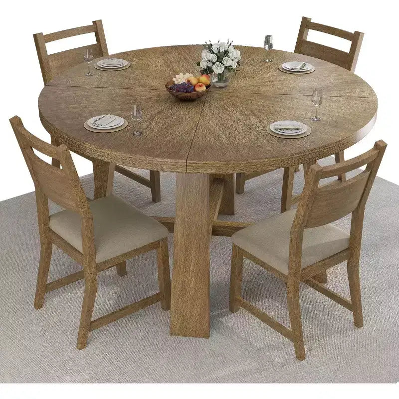AMERLIFE Rundes Esstisch-Set aus Massivholz für 4 Personen, 5-teiliges Esszimmer-Set im Mid-Century-Stil mit gepolsterten Stühlen, platzsparendes Design, einfache Montage