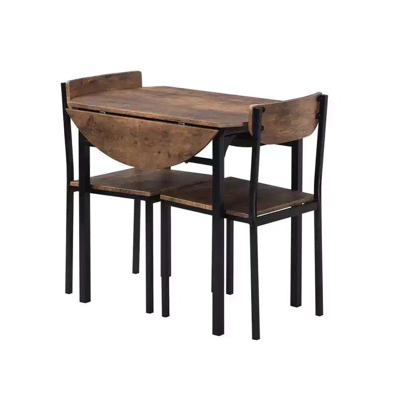 3 Pieces Metal Round Dining Table Set with Drop Leaf, Industrial style Kitchen Set with 2 Chairs for Small Places, Rustic Brown