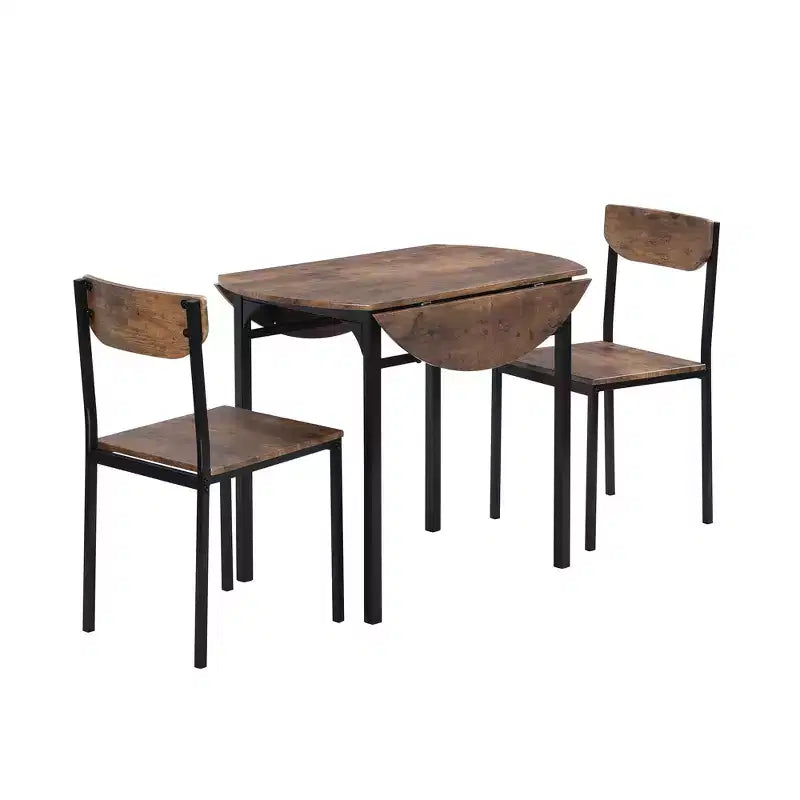 3 Pieces Metal Round Dining Table Set with Drop Leaf, Industrial style Kitchen Set with 2 Chairs for Small Places, Rustic Brown