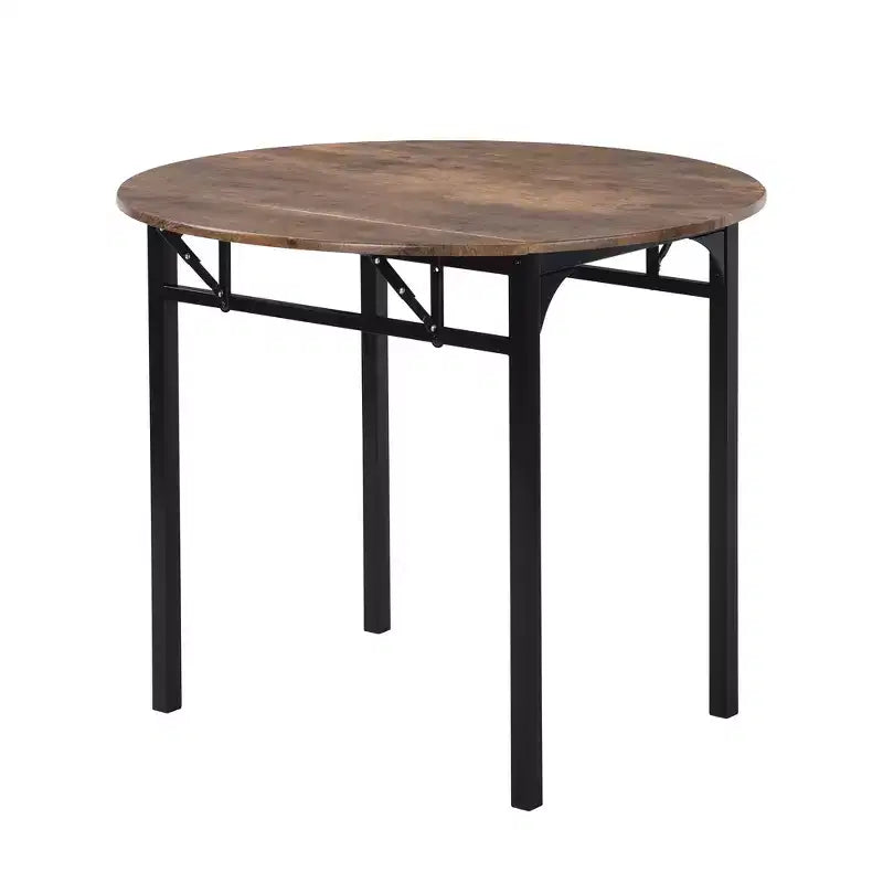 3 Pieces Metal Round Dining Table Set with Drop Leaf, Industrial style Kitchen Set with 2 Chairs for Small Places, Rustic Brown