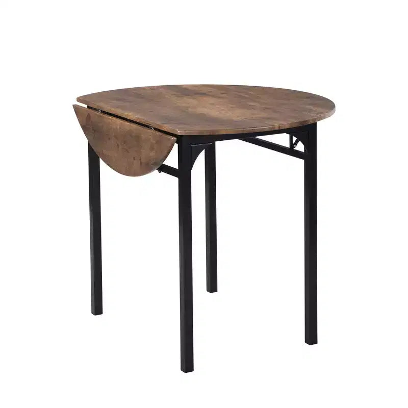 3 Pieces Metal Round Dining Table Set with Drop Leaf, Industrial style Kitchen Set with 2 Chairs for Small Places, Rustic Brown