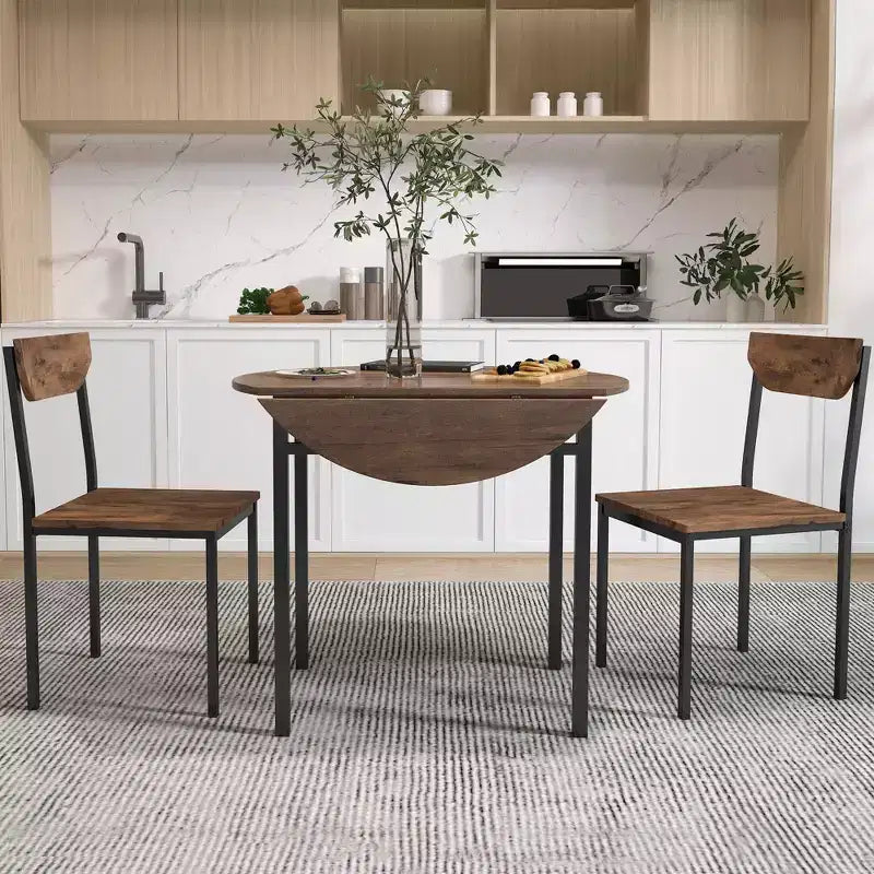 3 Pieces Metal Round Dining Table Set with Drop Leaf, Industrial style Kitchen Set with 2 Chairs for Small Places, Rustic Brown