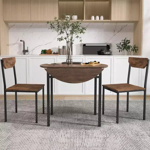Set da pranzo rotondo in metallo da 3 pezzi con piano ribaltabile, set da cucina in stile industriale con 2 sedie per piccoli spazi, marrone rustico