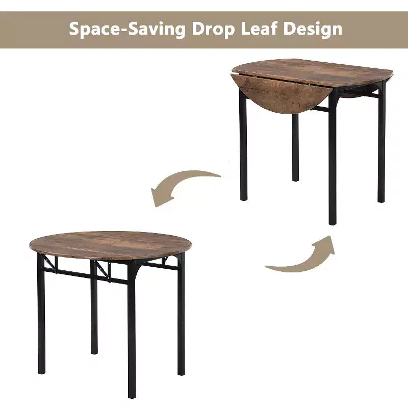 3 Pieces Metal Round Dining Table Set with Drop Leaf, Industrial style Kitchen Set with 2 Chairs for Small Places, Rustic Brown