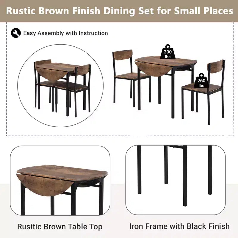 3 Pieces Metal Round Dining Table Set with Drop Leaf, Industrial style Kitchen Set with 2 Chairs for Small Places, Rustic Brown