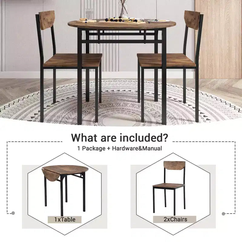 3 Pieces Metal Round Dining Table Set with Drop Leaf, Industrial style Kitchen Set with 2 Chairs for Small Places, Rustic Brown