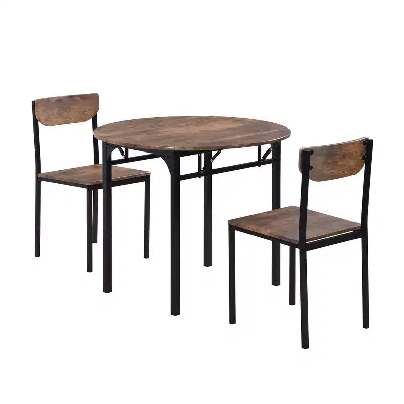 3 Pieces Metal Round Dining Table Set with Drop Leaf, Industrial style Kitchen Set with 2 Chairs for Small Places, Rustic Brown