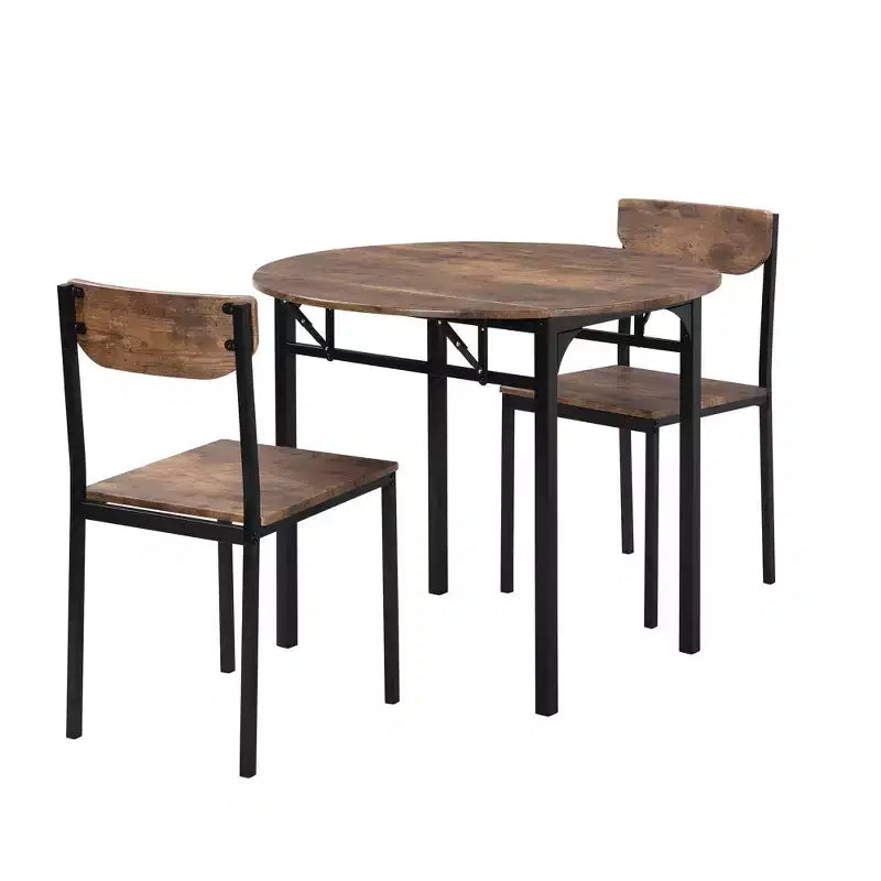 3 Pieces Metal Round Dining Table Set with Drop Leaf, Industrial style Kitchen Set with 2 Chairs for Small Places, Rustic Brown