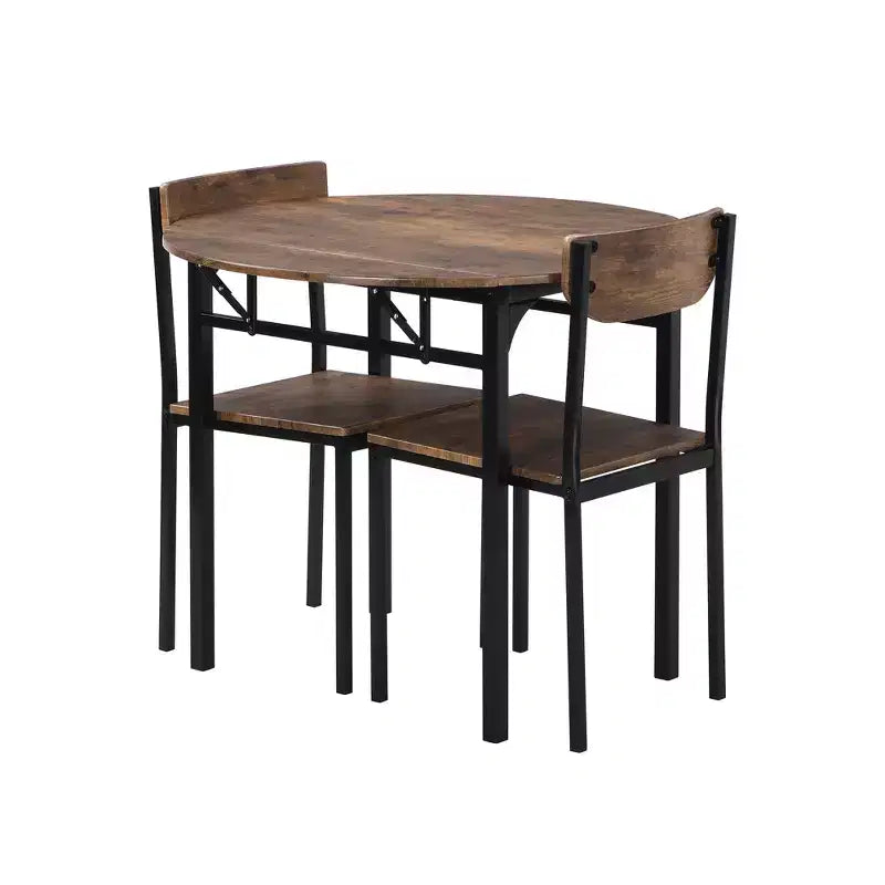 3 Pieces Metal Round Dining Table Set with Drop Leaf, Industrial style Kitchen Set with 2 Chairs for Small Places, Rustic Brown