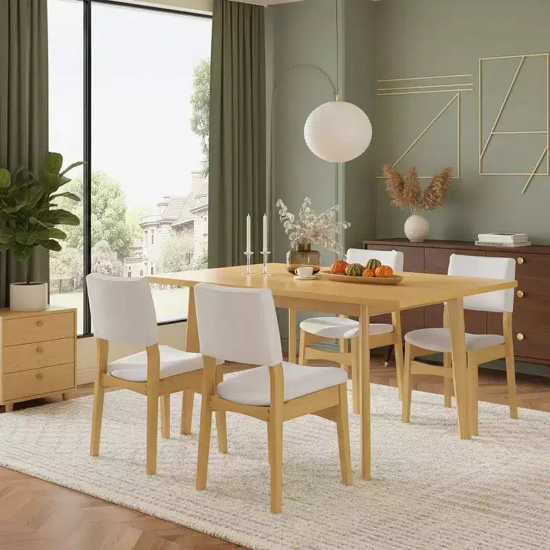 Polibi Modern 5-Piece Dining Set with Solid Wood Table & 4 Upholstered Linen Chairs
