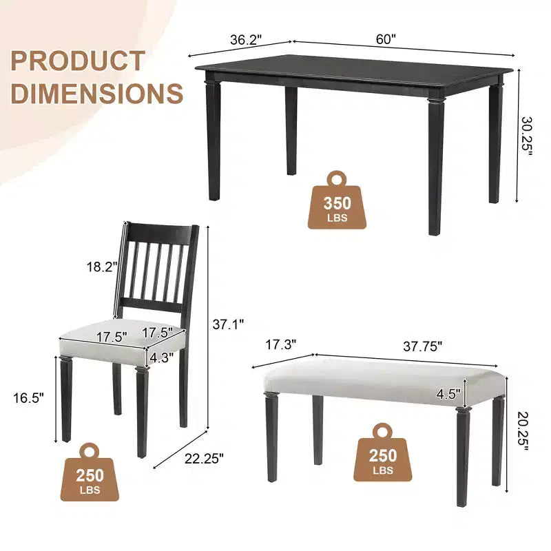 GDFStudio Griffin 6-teiliges Retro-Esszimmer-Set mit rechteckigem Holztisch und 4 Stühlen mit Sitzbank