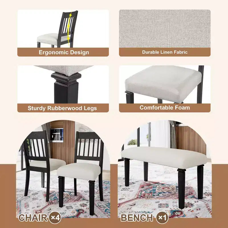 GDFStudio Griffin 6-teiliges Retro-Esszimmer-Set mit rechteckigem Holztisch und 4 Stühlen mit Sitzbank